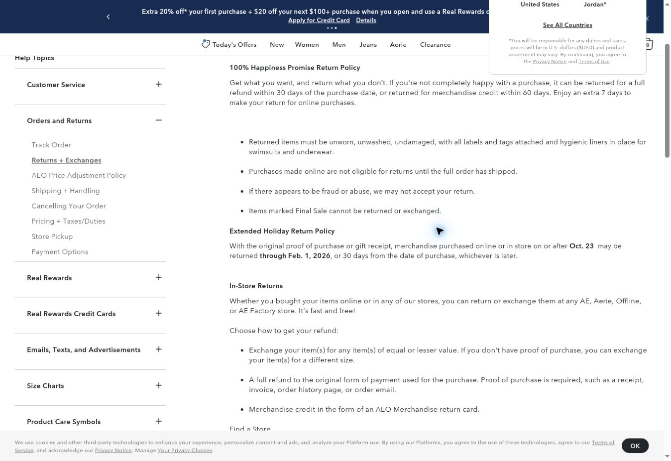 American Eagle's return-policy page showing the extended holiday clause through February 1, 2026, or 30 days from purchase, whichever is later